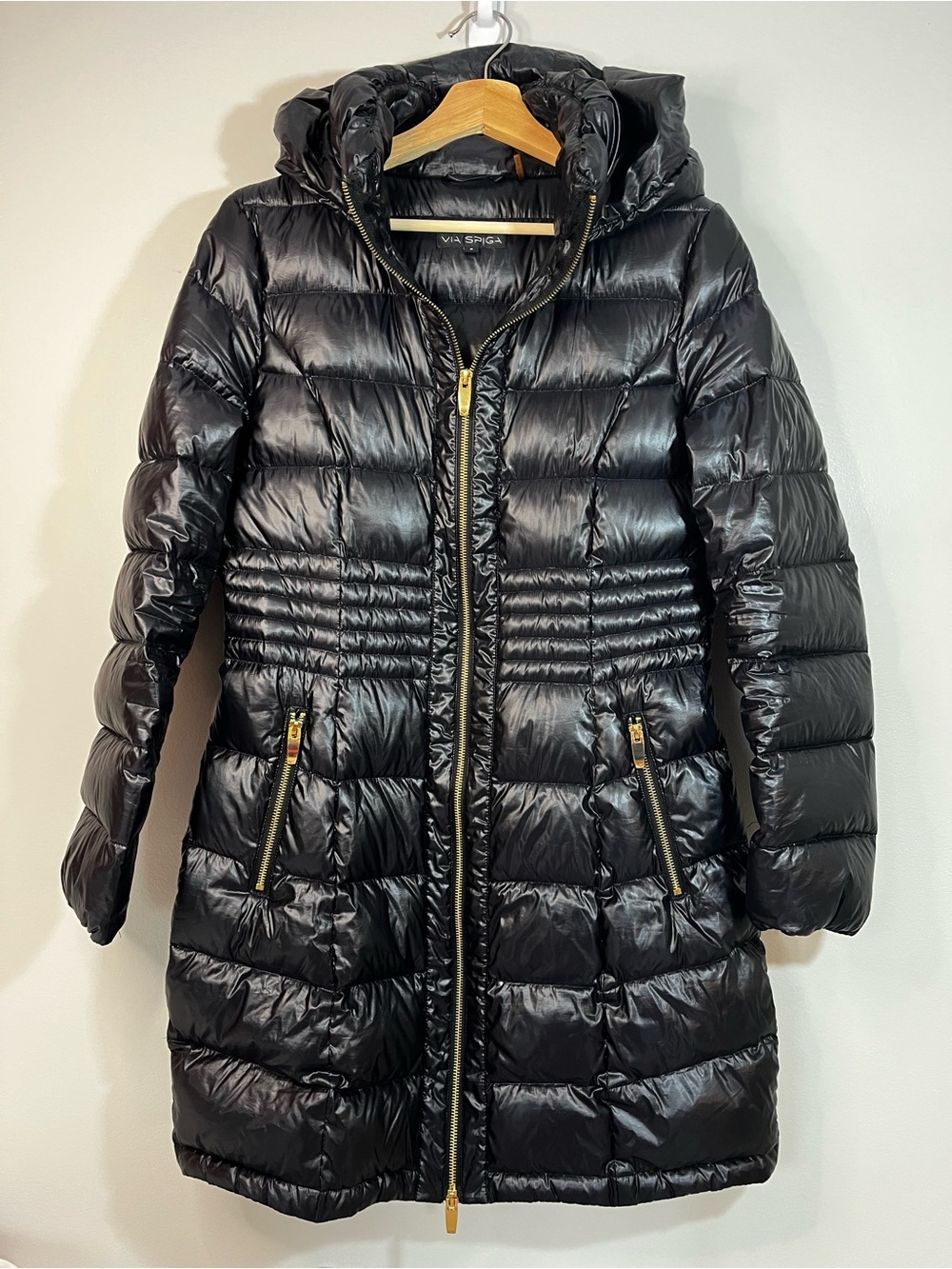 Via Spiga Long Down Filled Quilted Hooded Puffer Coat in Black Women’s Small
